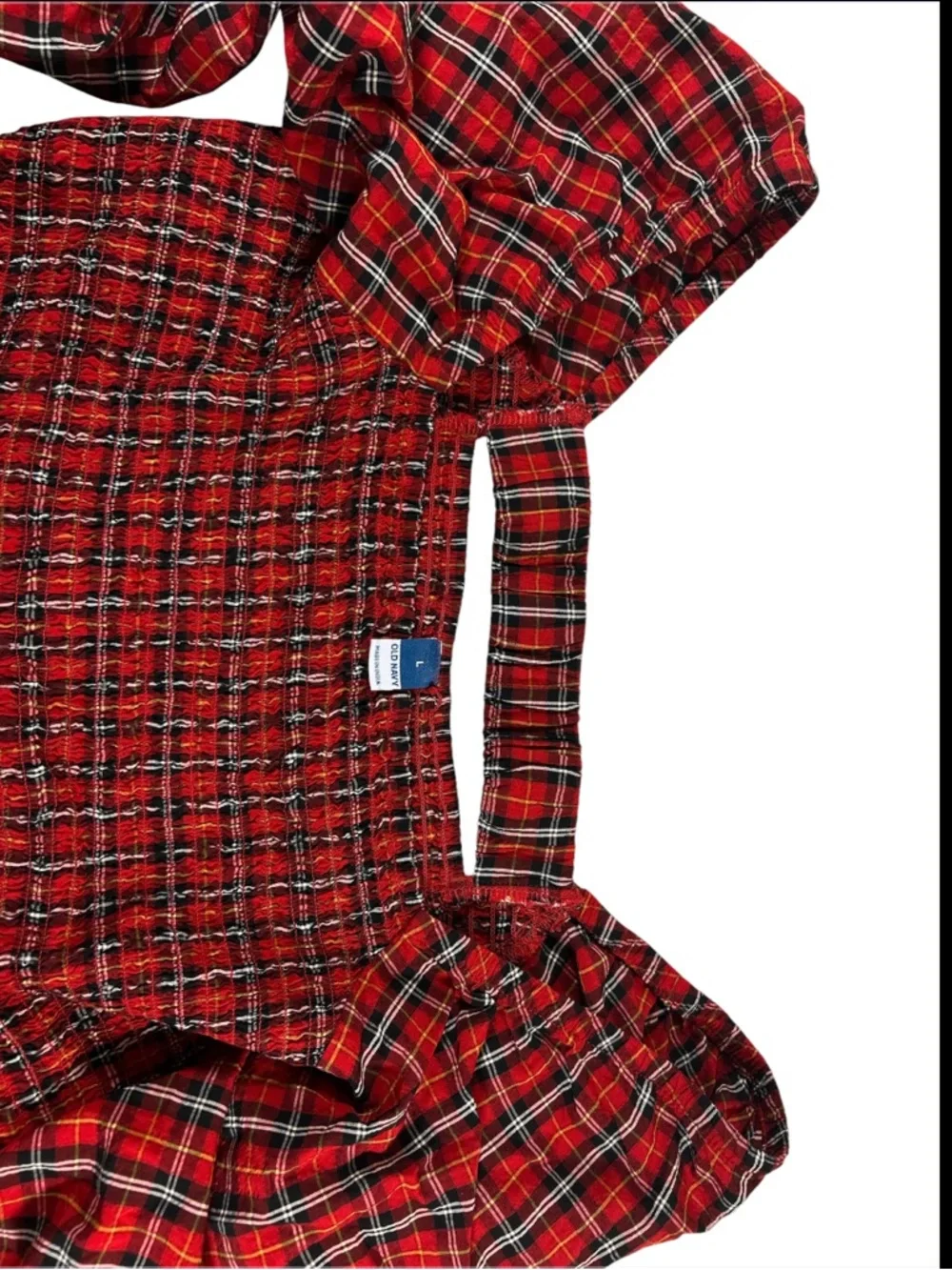 Old Navy Red Plaid Smocked Puff Sleeve Peplum Top Size L